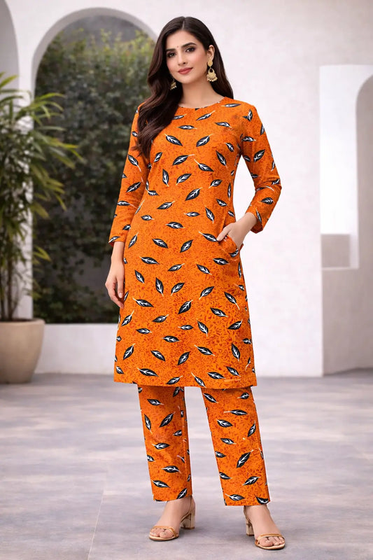 Orange printed polo cotton 2 piece suit for women casual wear soft breathable fabric matching shirt and trouser set