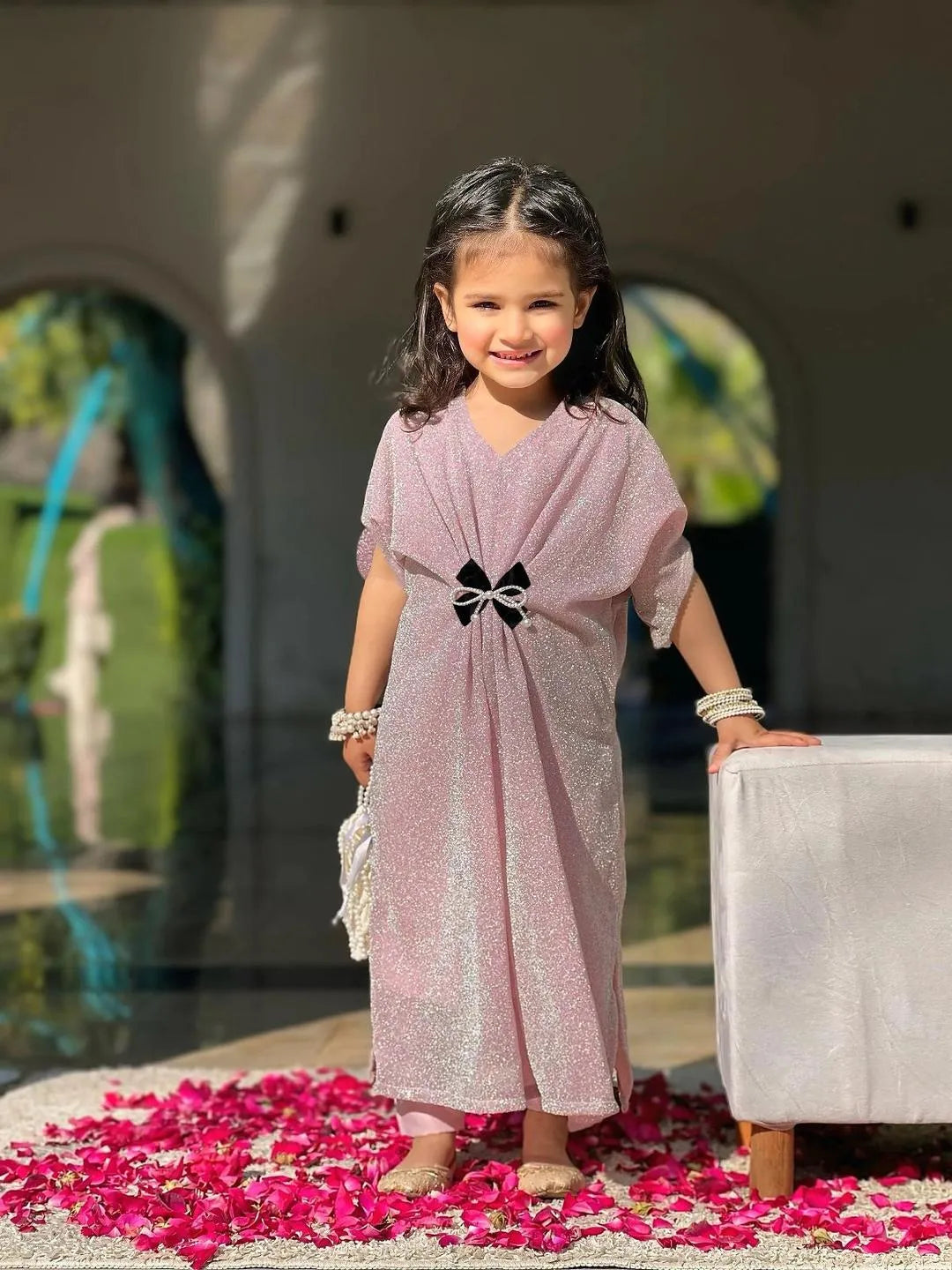 Girls pink textured jersey frock with trouser set, stylish outfit with bow for Eid parties and festive wear for kids