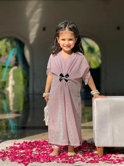 Girls pink textured jersey frock with trouser set, stylish outfit with bow for Eid parties and festive wear for kids
