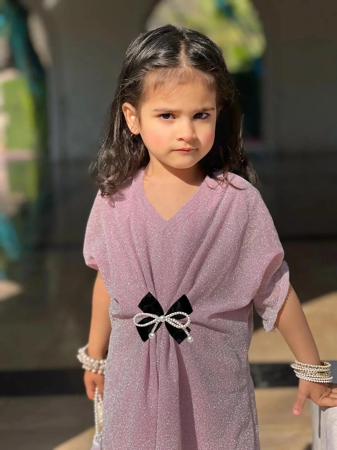 Girls pink textured jersey frock with trouser set, stylish outfit with bow for Eid parties and festive wear for kids