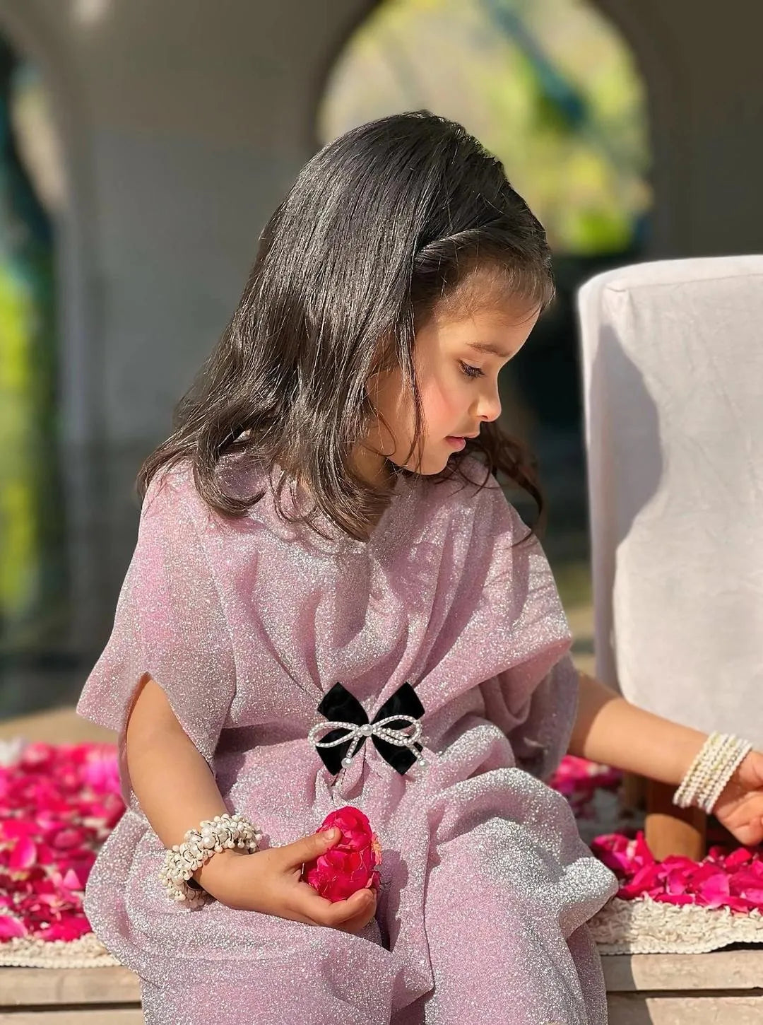 Girls pink textured jersey frock with trouser set, stylish outfit with bow for Eid parties and festive wear for kids