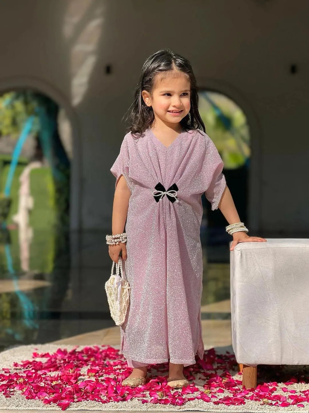 Girls pink textured jersey frock with trouser set, stylish outfit with bow for Eid parties and festive wear for kids