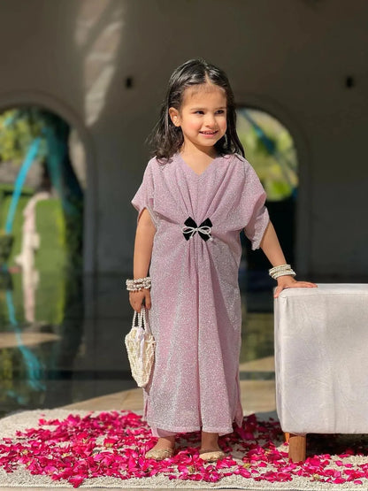 Girls pink textured jersey frock with trouser set, stylish outfit with bow for Eid parties and festive wear for kids