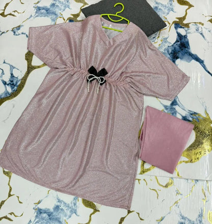 Girls pink textured jersey frock with trouser set, stylish outfit with bow for Eid parties and festive wear for kids