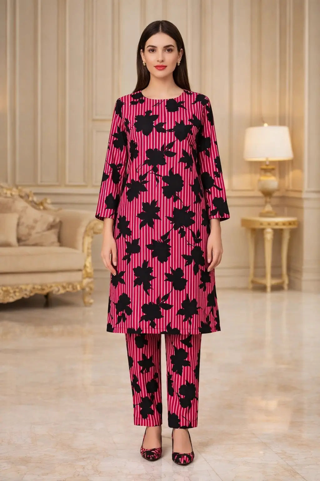 Pink printed polo cotton 2 piece suit for women with matching shirt and trouser soft breathable casual summer outfit