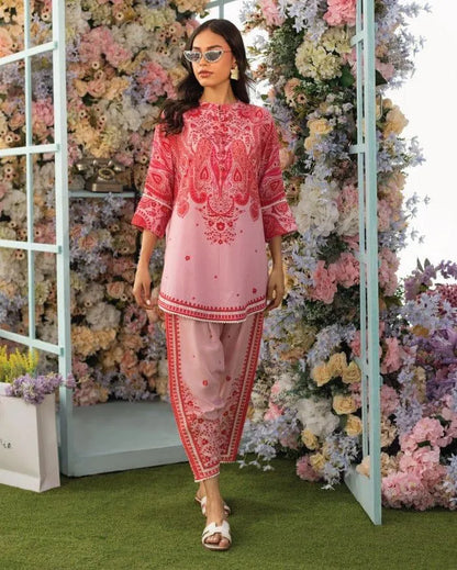 Women stitched Swiss lawn 2 piece suit by Swift Mart in pink with stylish printed design for everyday wear