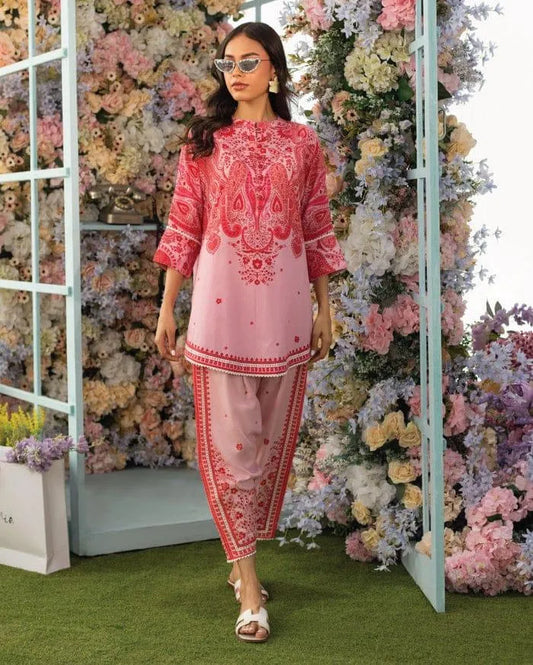 Women stitched Swiss lawn 2 piece suit by Swift Mart in pink with stylish printed design for everyday wear