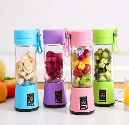 Portable 6 blade electric juicer machine with colorful bottle, ABS plastic blender for smoothies and fresh juice at home office or travel use