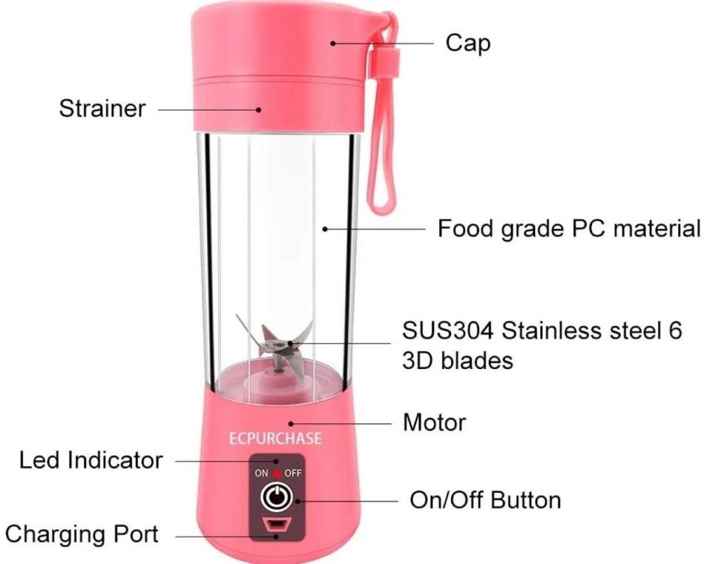 Portable 6 blade electric juicer machine with colorful bottle, ABS plastic blender for smoothies and fresh juice at home office or travel use