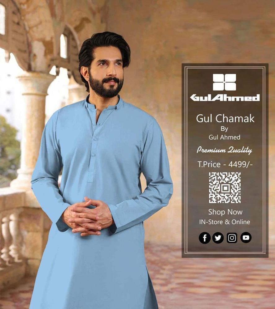 Men blue silk plain suit Gul Chamak unstitched all season formal wear Pakistan Swift Mart