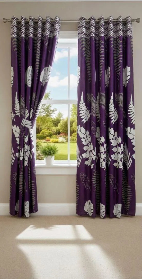Purple printed cotton curtains 2 pcs set 60x100 inch panels, soft breathable curtains for bedroom living room modern home decor use