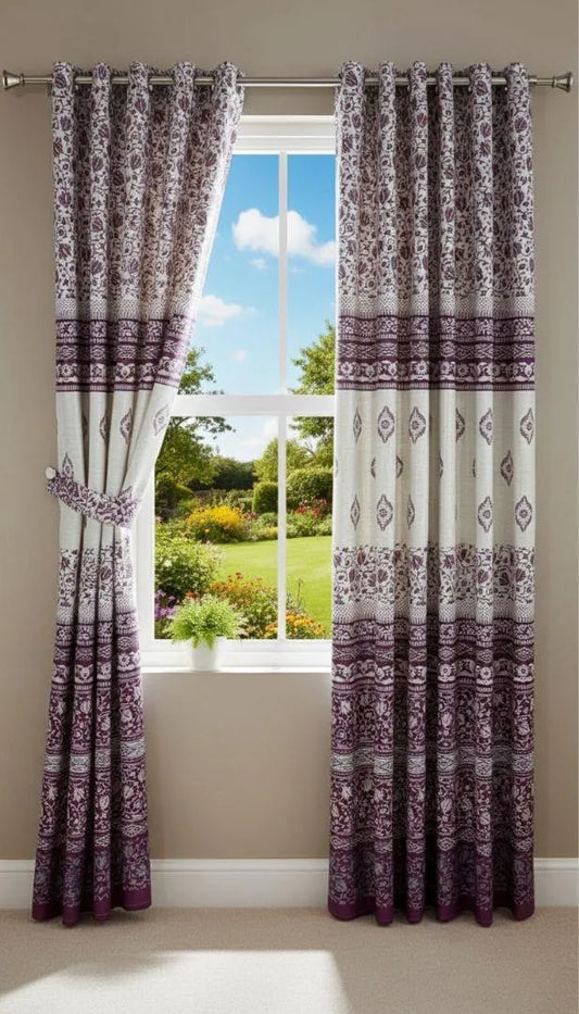 Purple printed cotton curtains 2 pcs set 60x102 inch panels, soft breathable curtains for bedroom living room elegant home decor use