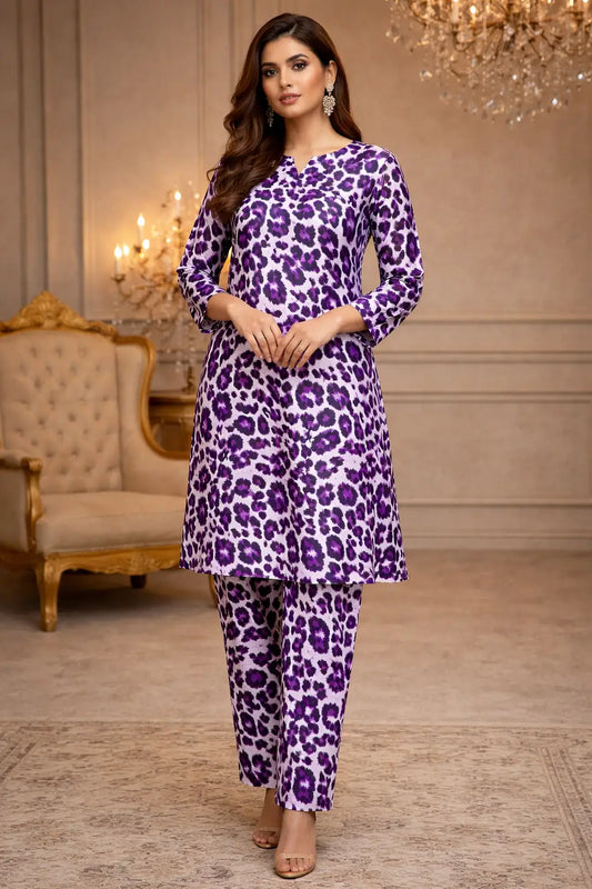 Purple printed polo cotton 2 piece suit for women with matching shirt and trouser soft breathable casual summer outfit