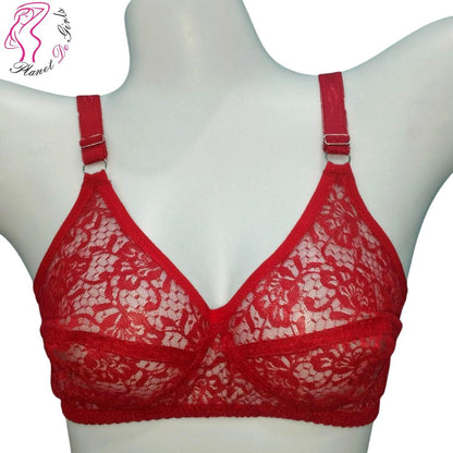Red non padded lace bra soft breathable net fabric adjustable straps lightweight daily wear