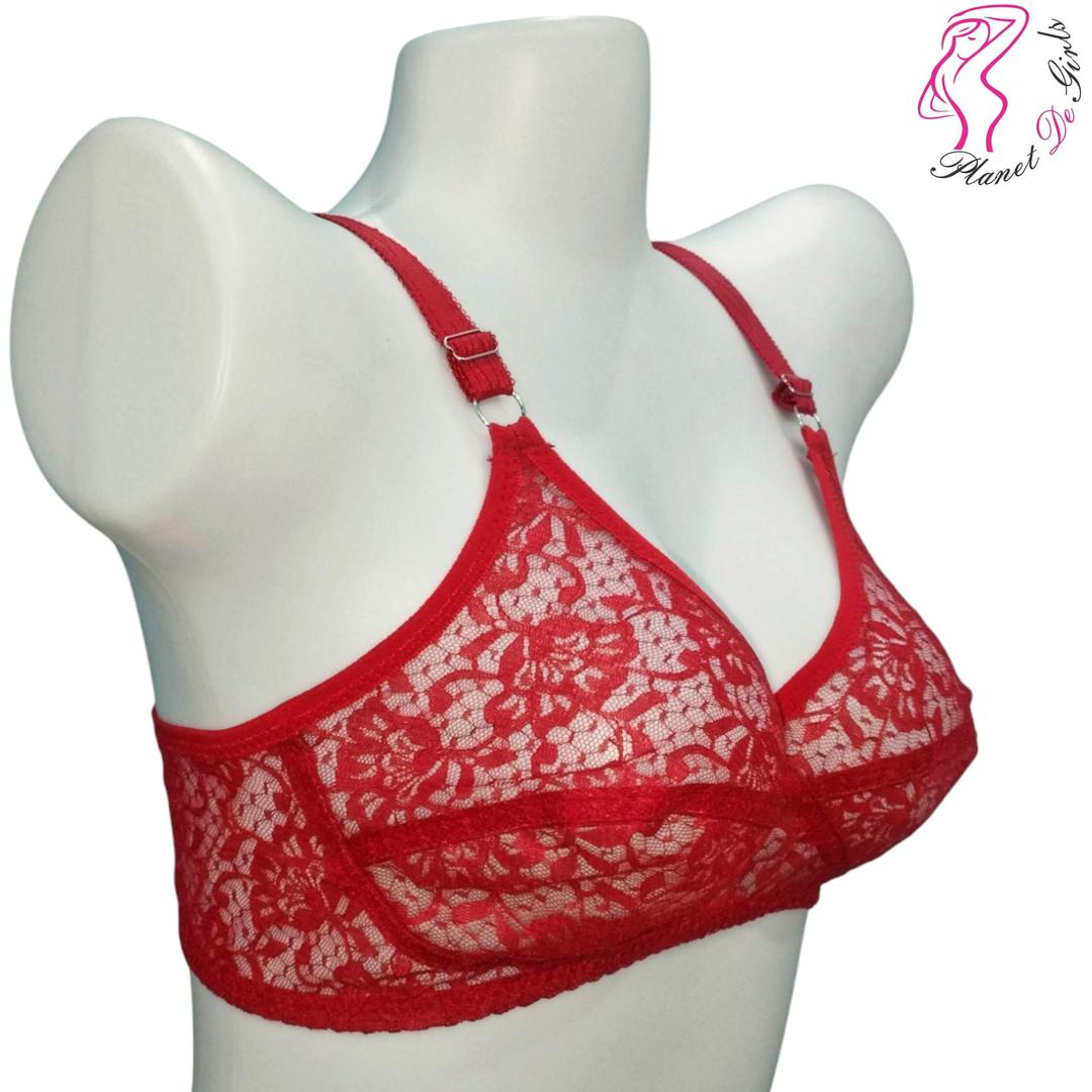 Red non padded lace bra soft breathable net fabric adjustable straps lightweight daily wear