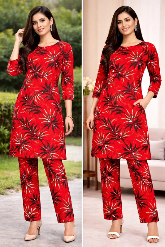 Red printed polo cotton 2 piece suit for women casual wear soft breathable fabric matching shirt and trouser set