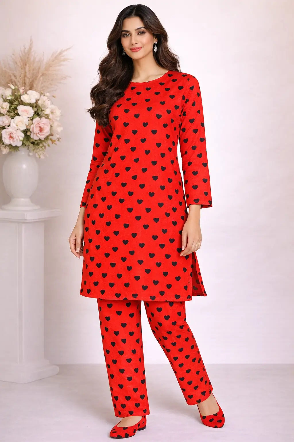 Red printed polo cotton 2 piece suit for women casual wear soft breathable fabric matching shirt and trouser set