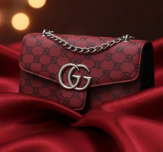 Red velvet printed shoulder bag for girls with chain strap stylish elegant handbag for weddings and casual use