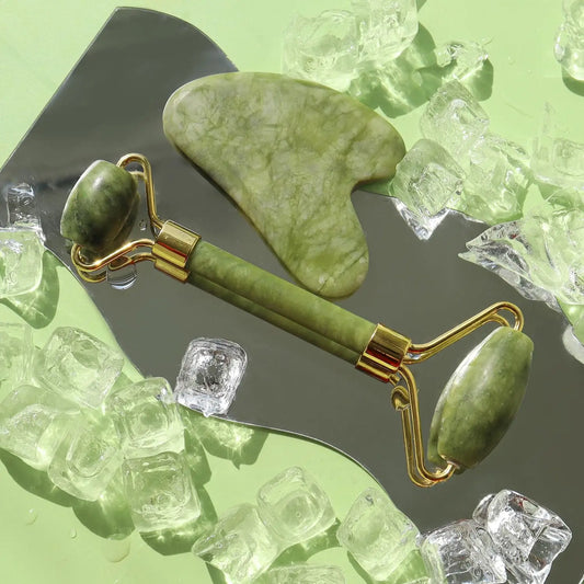 natural jade roller and gua sha set for facial massage