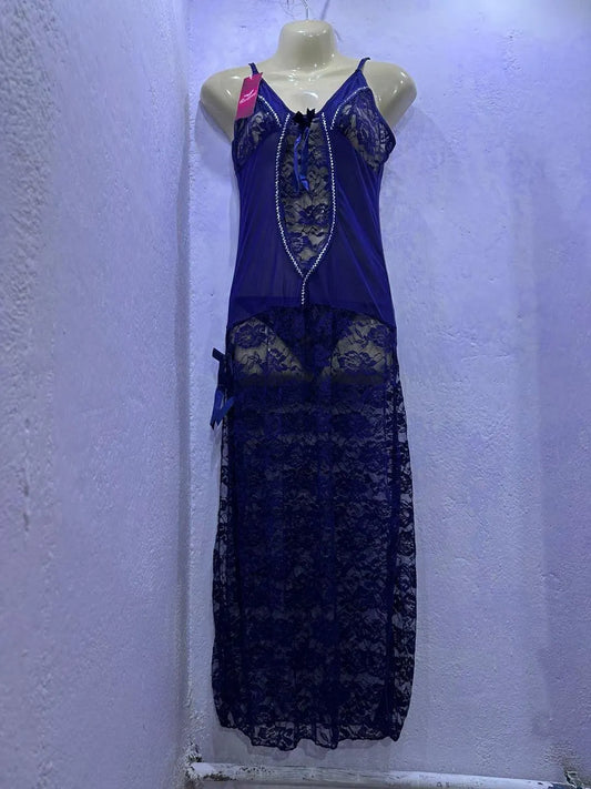 Royal blue lace sheer nightgown with inner set breathable lightweight sleepwear with mesh panels adjustable straps for bridal and night use