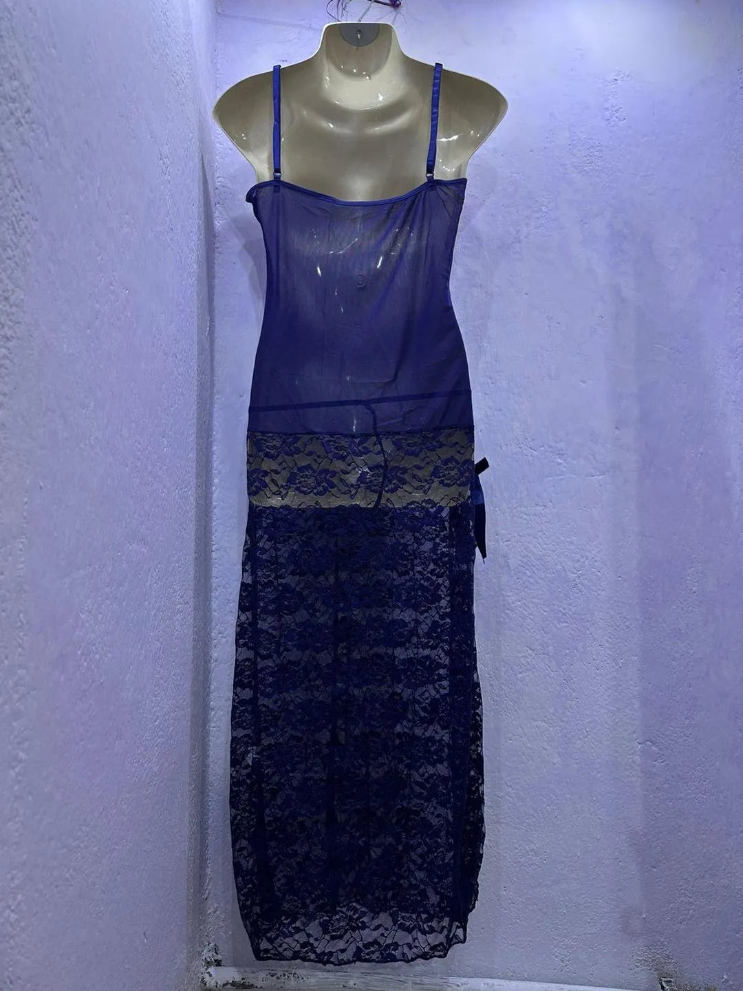Royal blue lace sheer nightgown with inner set breathable lightweight sleepwear with mesh panels adjustable straps for bridal and night use