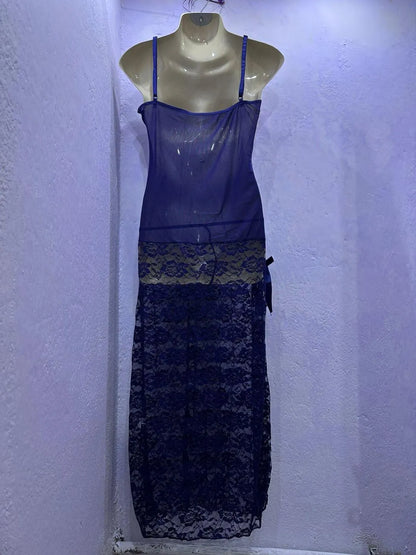 Royal blue lace sheer nightgown with inner set breathable lightweight sleepwear with mesh panels adjustable straps for bridal and night use