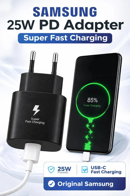 Samsung 25W PD fast charger USB C power adapter black, compact fast charging wall charger for mobile devices home and travel use