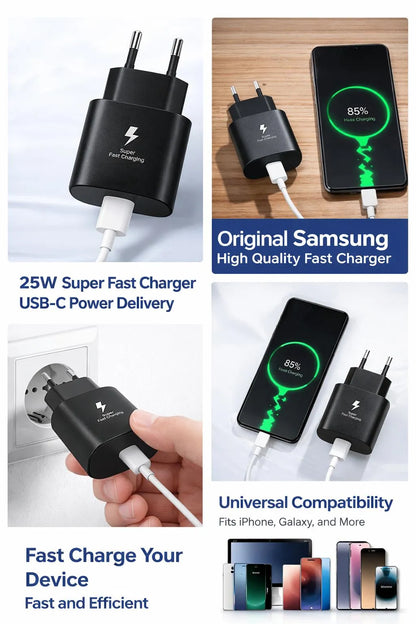 Samsung 25W PD fast charger USB C power adapter black, compact fast charging wall charger for mobile devices home and travel use
