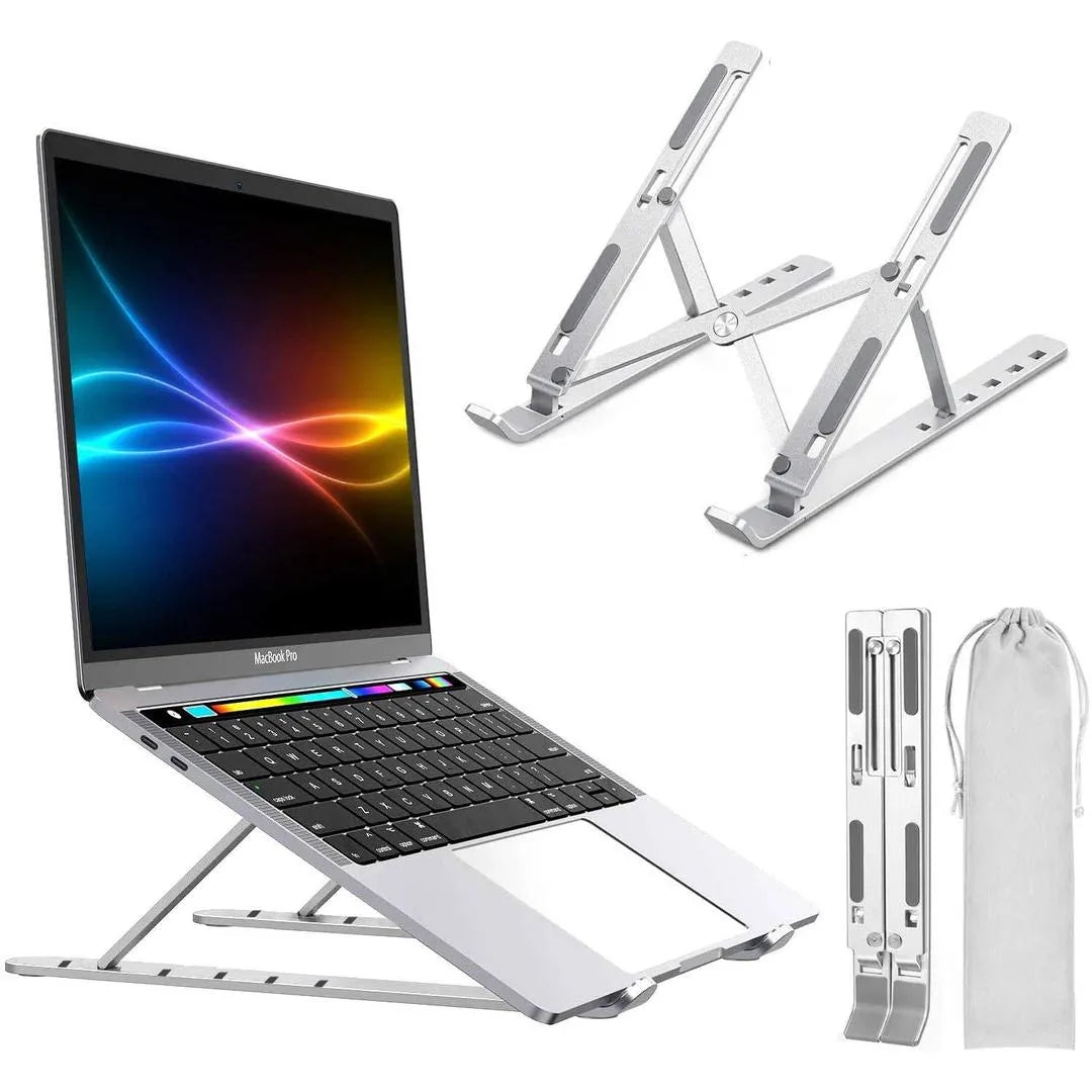 Foldable aluminium laptop stand silver portable holder, adjustable ergonomic stand for laptop cooling home office and travel use