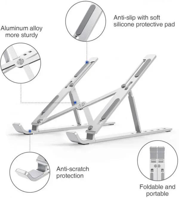 Foldable aluminium laptop stand silver portable holder, adjustable ergonomic stand for laptop cooling home office and travel use