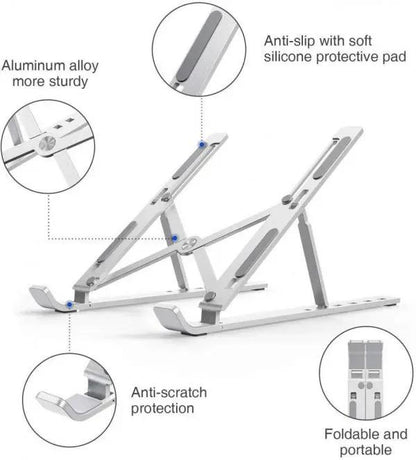 Foldable aluminium laptop stand silver portable holder, adjustable ergonomic stand for laptop cooling home office and travel use