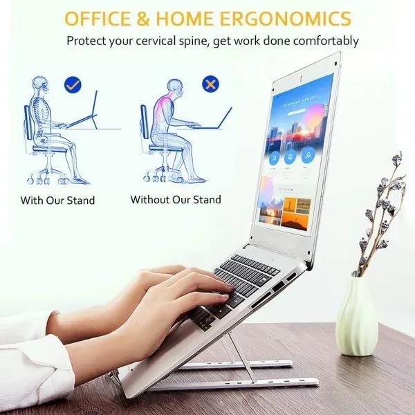 Foldable aluminium laptop stand silver portable holder, adjustable ergonomic stand for laptop cooling home office and travel use