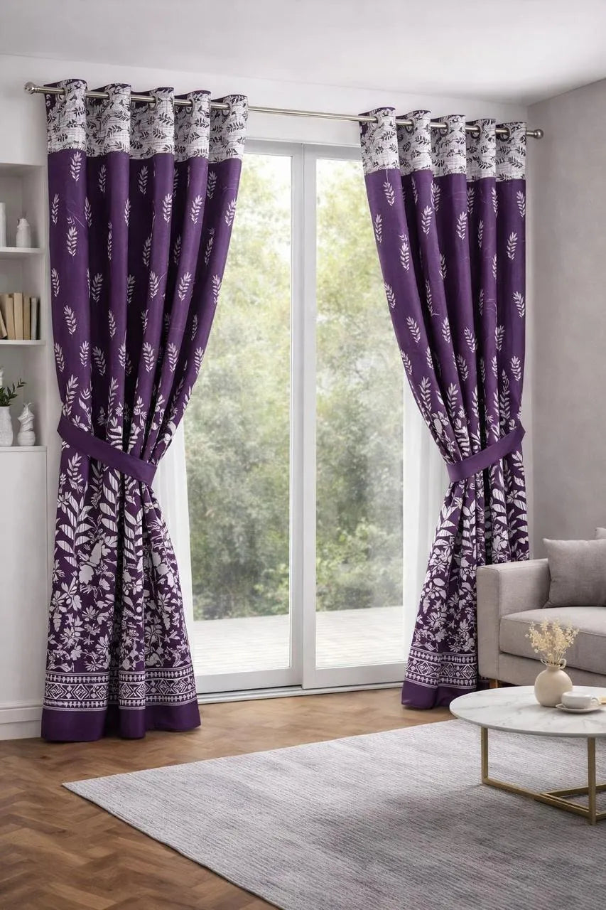 Purple printed cotton curtains 2 pcs set 60x100 inch panels, soft breathable curtains for bedroom living room modern home decor use