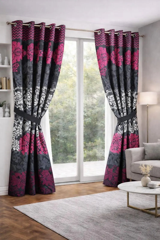 Black printed cotton curtains 2 pcs set 60x100 inch panels, soft breathable curtains for bedroom living room modern home decor use
