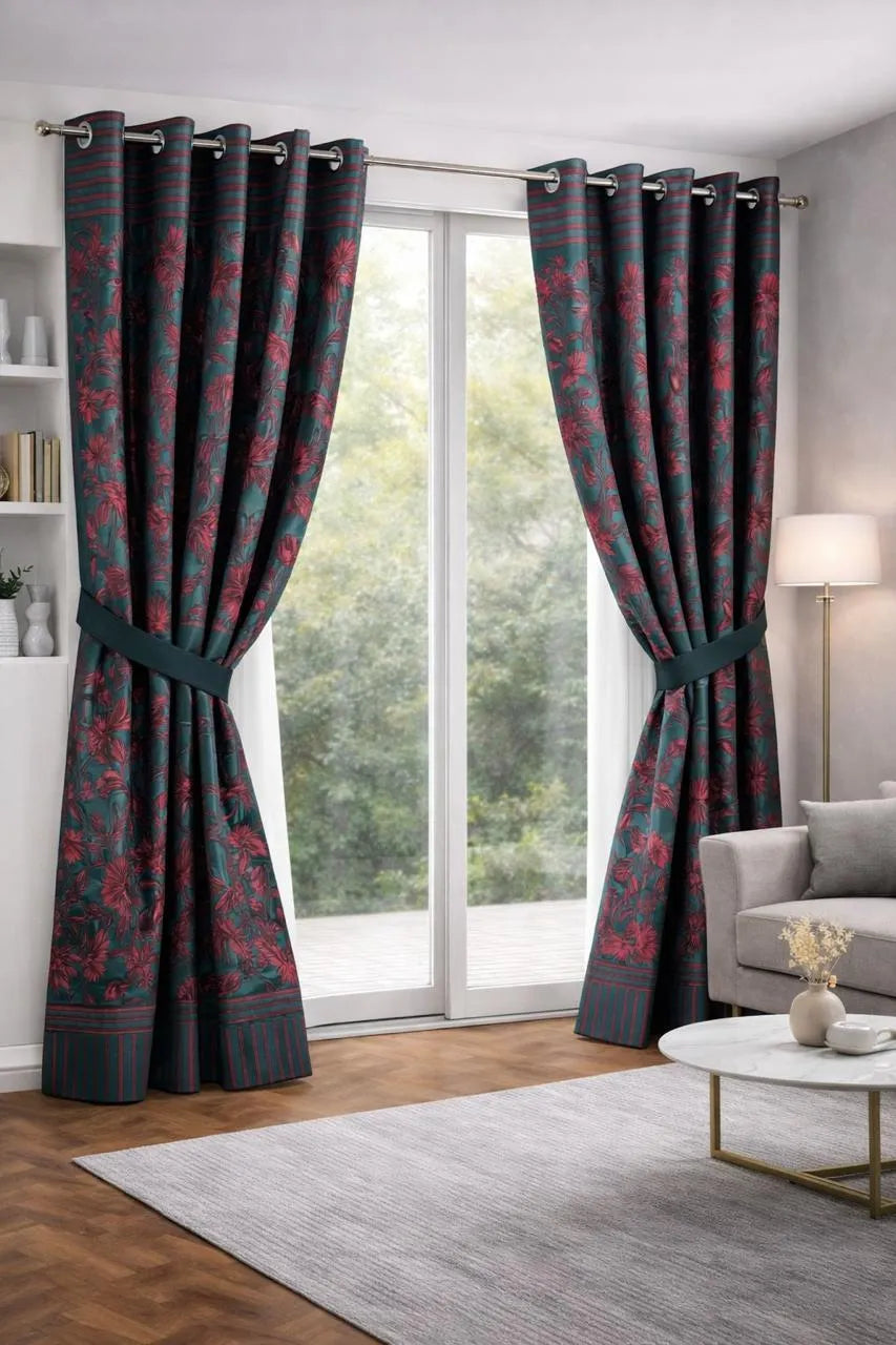 Green printed cotton curtains 2 pcs set 60x100 inch panels, soft breathable curtains for bedroom living room modern home decor use