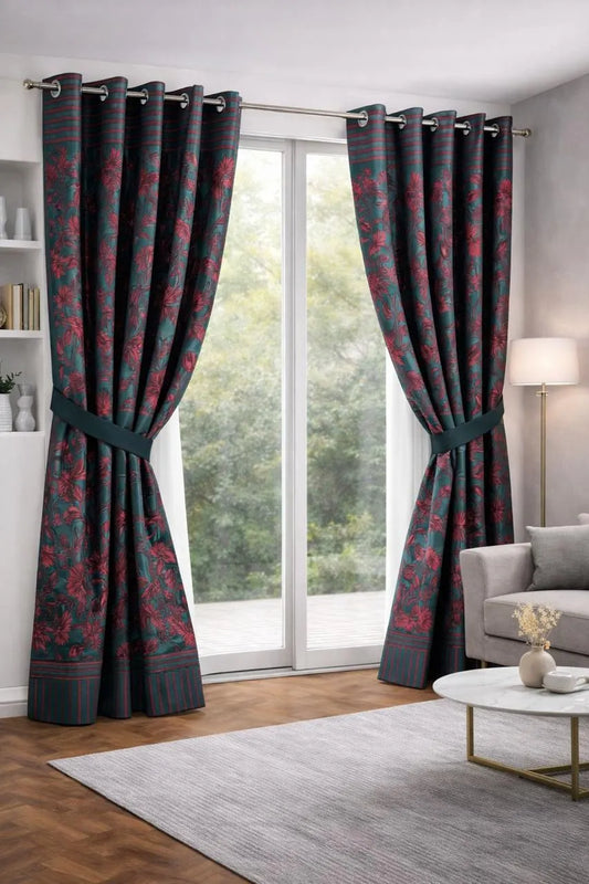 Green printed cotton curtains 2 pcs set 60x100 inch panels, soft breathable curtains for bedroom living room modern home decor use