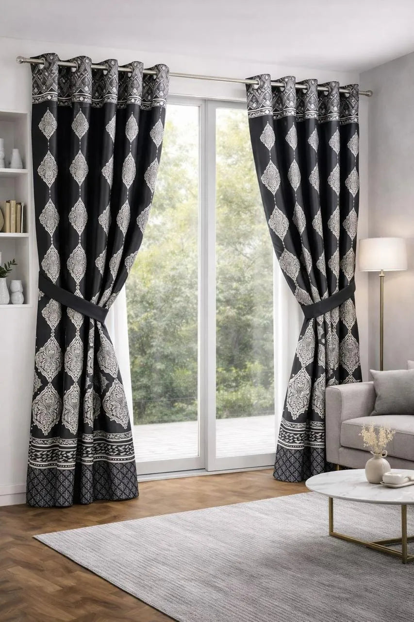 Black printed cotton curtains 2 pcs set 60x100 inch panels, soft breathable curtains for bedroom living room modern home decor use