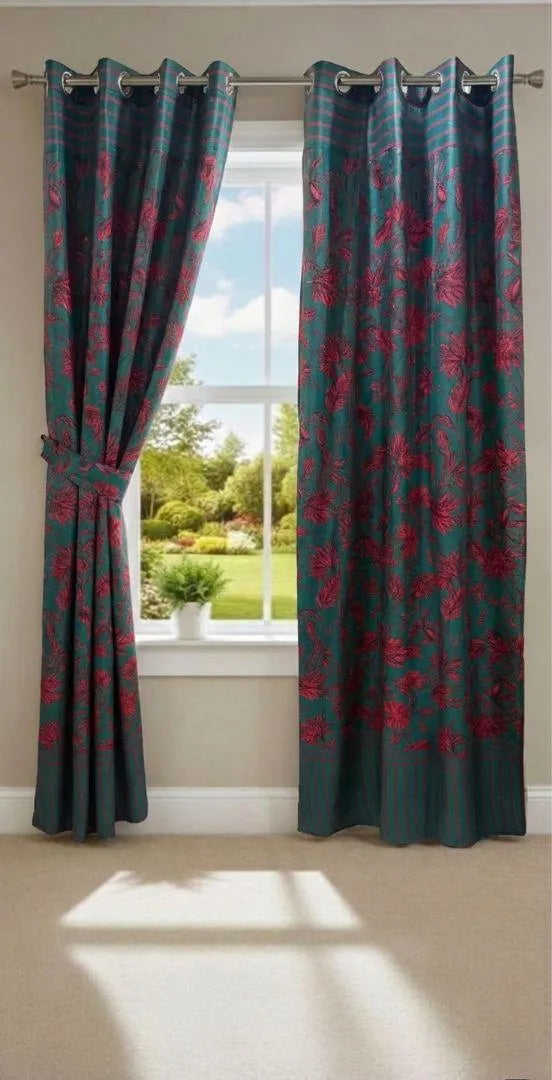 Green printed cotton curtains 2 pcs set 60x100 inch panels, soft breathable curtains for bedroom living room modern home decor use