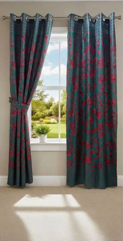 Green printed cotton curtains 2 pcs set 60x100 inch panels, soft breathable curtains for bedroom living room modern home decor use