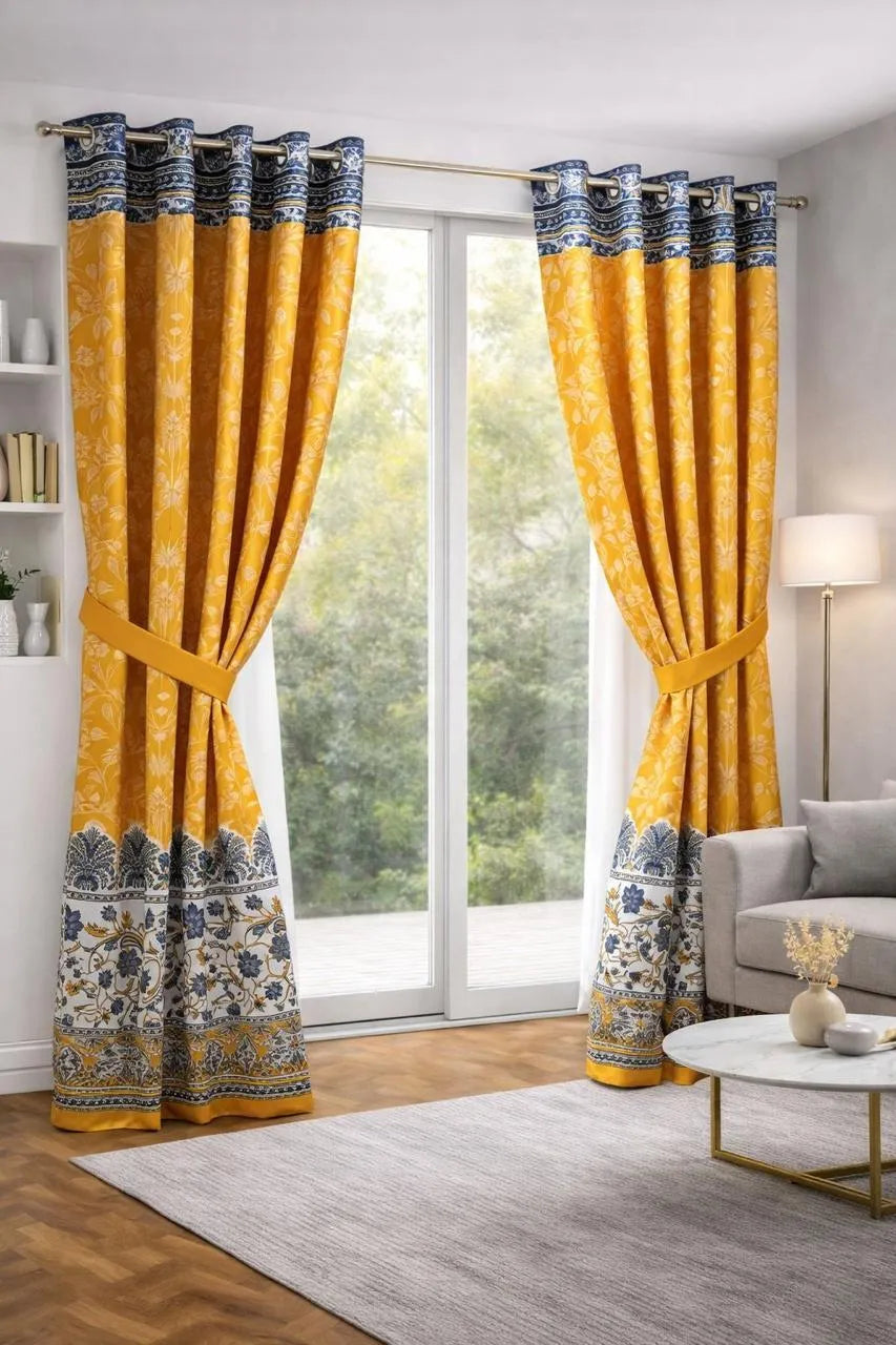 Yellow printed cotton curtains 2 pcs set 60x100 inch panels, soft breathable curtains for bedroom living room modern home decor use