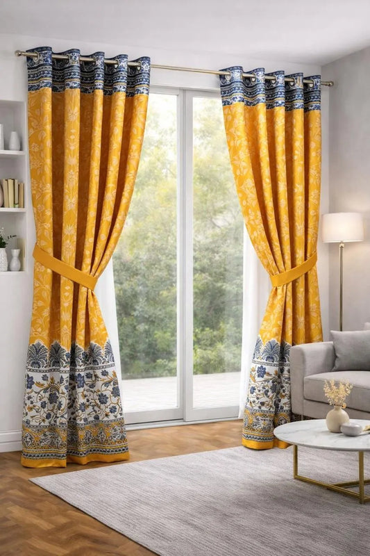 Yellow printed cotton curtains 2 pcs set 60x100 inch panels, soft breathable curtains for bedroom living room modern home decor use