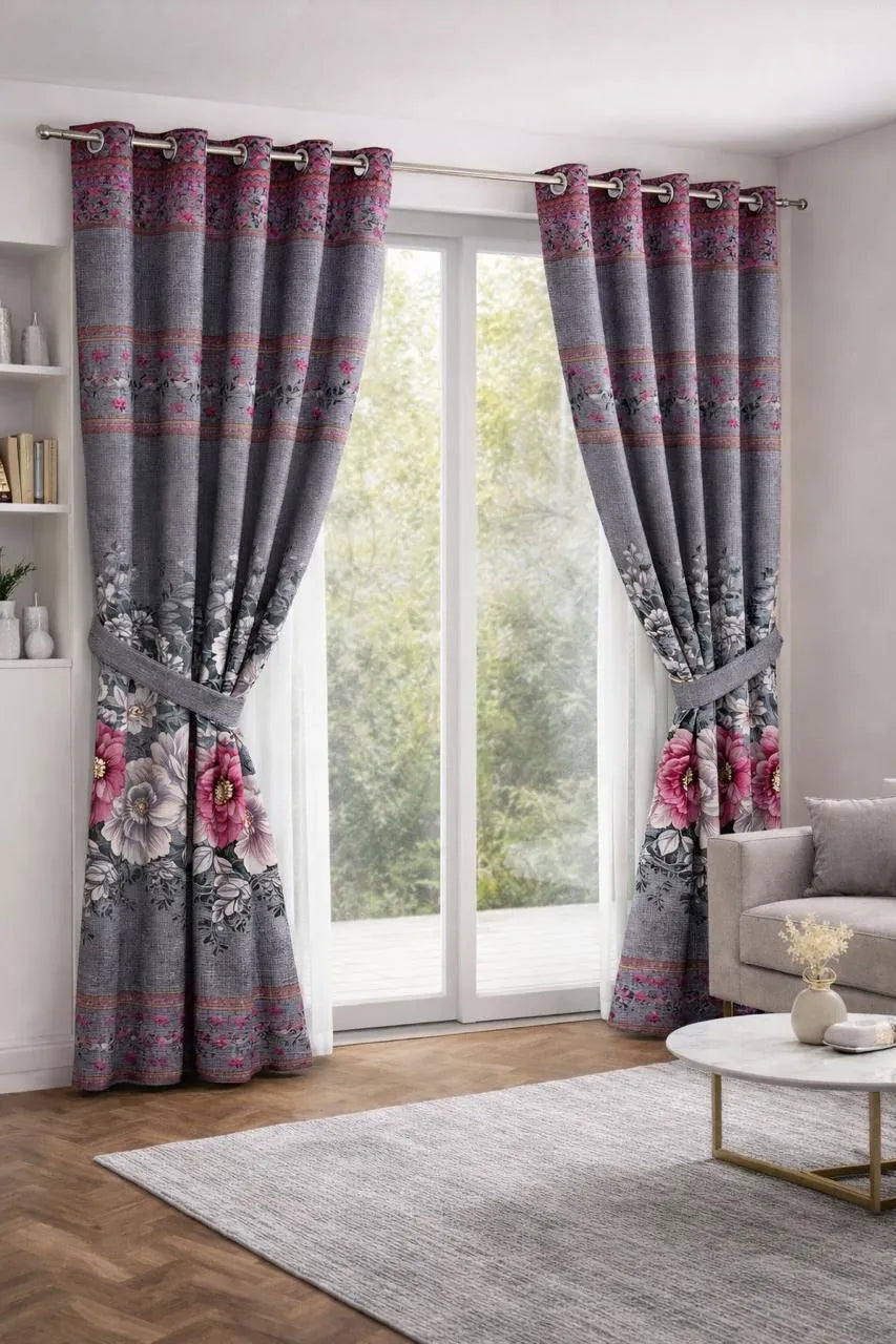 Grey printed cotton curtains 2 pcs set 60x100 inch panels, soft breathable curtains for bedroom living room modern home decor use