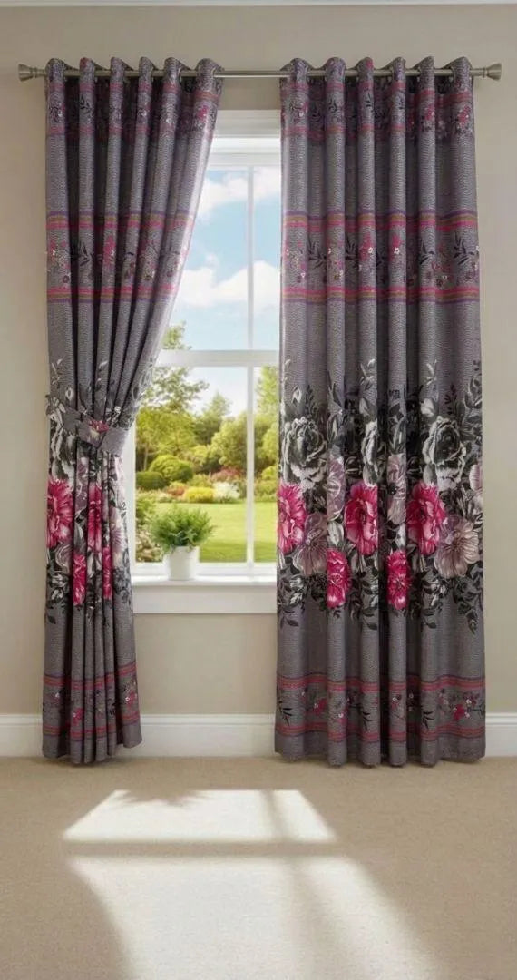 Grey printed cotton curtains 2 pcs set 60x100 inch panels, soft breathable curtains for bedroom living room modern home decor use