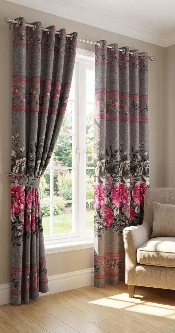 Grey printed cotton curtains 2 pcs set 60x100 inch panels, soft breathable curtains for bedroom living room modern home decor use