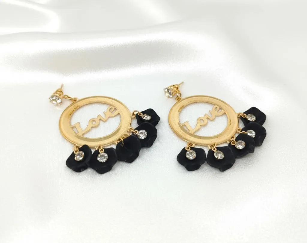 Lightweight alloy earrings with Love frame and sparkling crystal accents