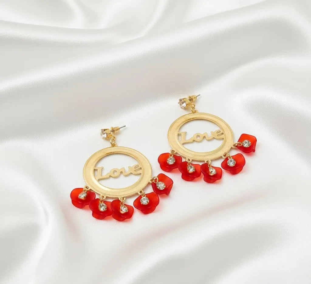 Lightweight alloy earrings with Love frame and sparkling crystal accents