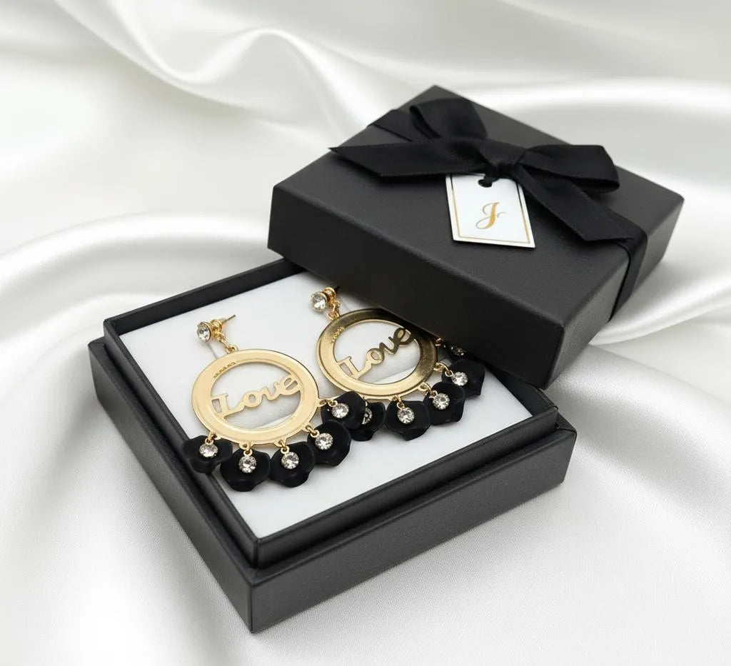 Lightweight alloy earrings with Love frame and sparkling crystal accents