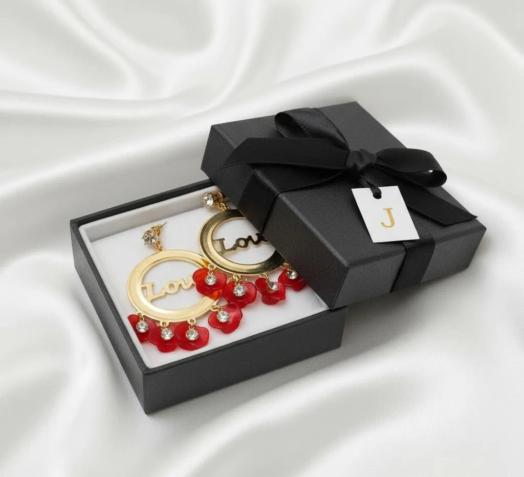 Lightweight alloy earrings with Love frame and sparkling crystal accents