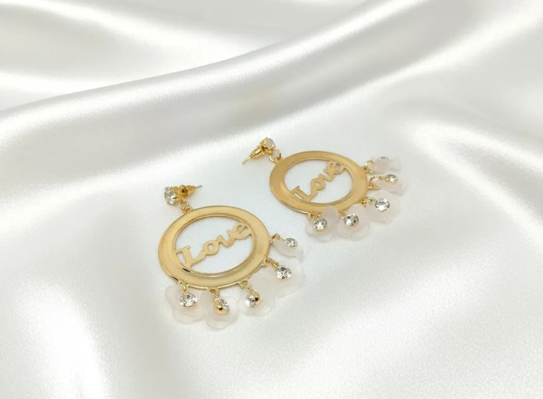 Lightweight alloy earrings with Love frame and sparkling crystal accents