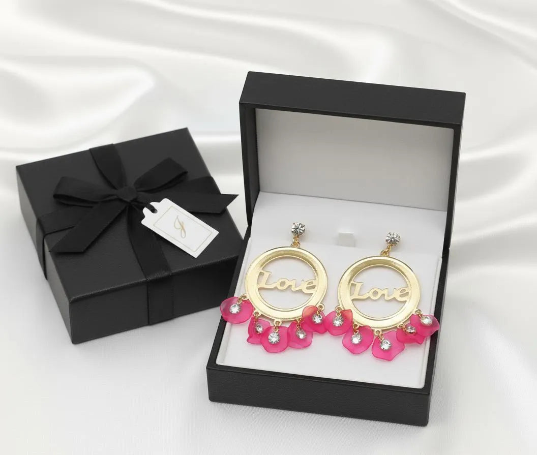 Lightweight alloy earrings with Love frame and sparkling crystal accents